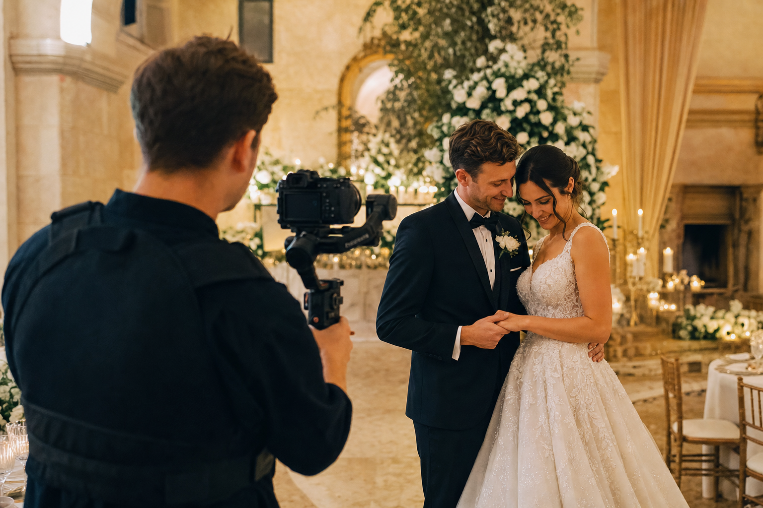 Videomaker che riprende con gimbal a un matrimonio